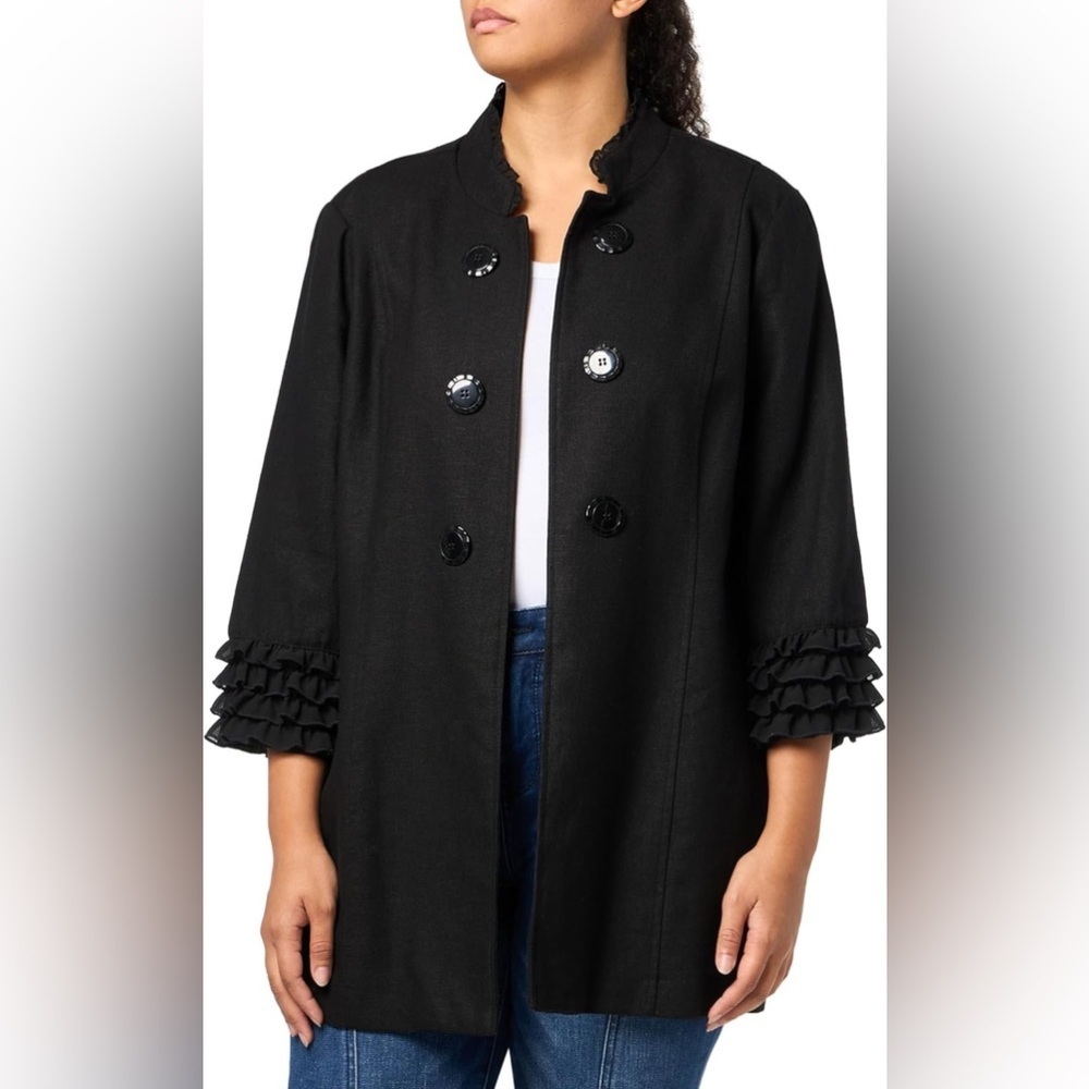 NWT Multiples Black Linen Blend Ruffle Cuff Double Breasted Jacket Blazer Coat M